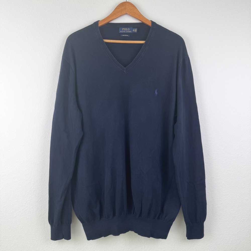 Polo Ralph Lauren Sweater Mens 2XLT Navy Blue Excellent Pima Cotton V-Neck